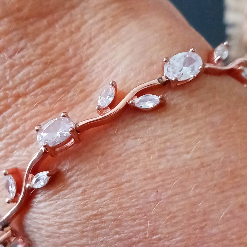 Rose Gold Toned Leaf Bracelet, 8" length - Picture 2 of 6